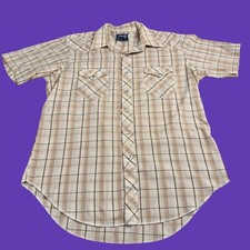 Vtg Wrangler Cowboy Cut Long Tail Shirt 17 Beige Plaid Western Ranch Cowboy