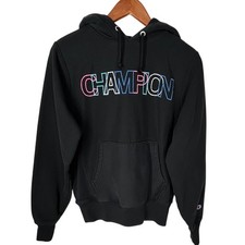 Champion Black Reverse Weave Heavyweight Hoodie Multicolor Logo Women's Small