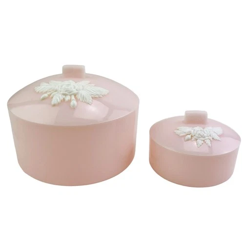 Vintage Schwartz Bros Pink Powder Box Vanity Set of 2 Flowers Celluloid Plastic