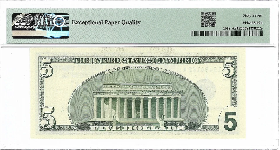 2001 $5 BOSTON FRN. PMG SUPERB GEM Uncirculated 67 EPQ Banknote. - Image 2 of 2