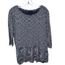 Lucky Brand Womens 1X Navy White Paisley Geometric 3/4 Sleeve Scoop Neck Top