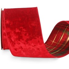 10 Yards 4 Inch Red Crushed Velvet Tartan Reversible Wired Christmas Ribbon
