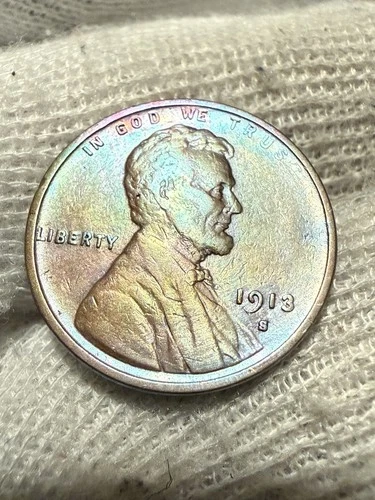 1913 S Lincoln Wheat Cent AU +- US Coin. Semi Key Date Toned