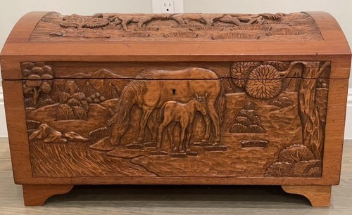 Dome Top Hand Carved Wood Chest Storage Trunk 26”