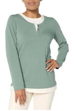 Denim & Co. Women's Essentials So Soft Jersey Henley 2fer Top Green