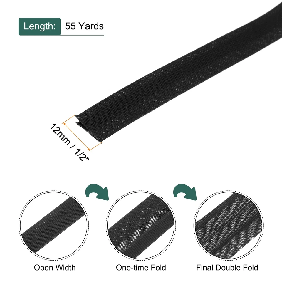 Cinta sesgada doble pliegue de 1/2 pulgada cinta sesgada continua a granel negra 55 yardas Foto 2 de 4