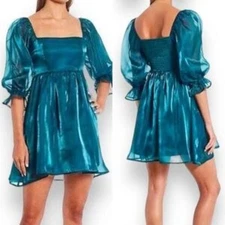 Thirty Thirty LA Teal Satin Puff Sleeve Fit Flare Organza Fairy Women M Dress