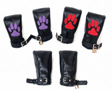 Genuine Leather Locking Paw Mitt Restraints Padded Bondage Cuffs Black Purple