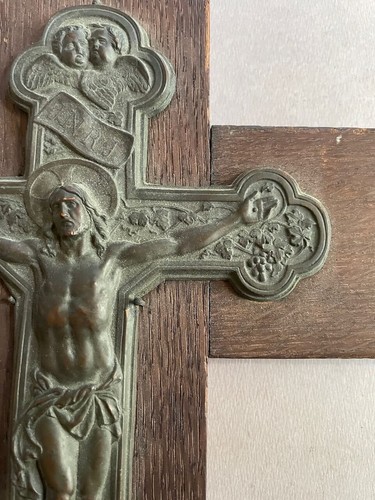 bronze Mission Oak Arts & Crafts Christian Crucifix Cross old church 12 x 21" - Picture 6 of 13