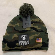 Brooklyn Nets Beanie Hat Cap NBA Salute to Service Green Camo USA Flag Patch NWT
