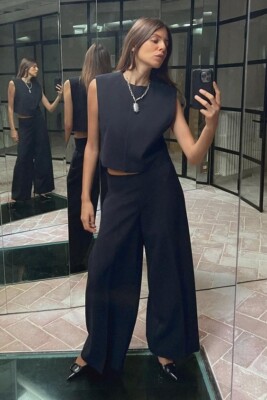 Zara Womens Balloon Wide Pants XS High Waist Cropped Navy blue