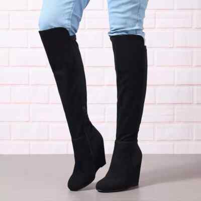 Stiefel Frau Schwarze Leder Kunststoff Wildleder Keilabsätze 9 CM Unten Up Knie