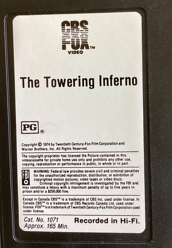THE TOWERING INFERNO 1974 1984 Vintage VHS Movie Tape CBS FOX VIDEO - Picture 5 of 5