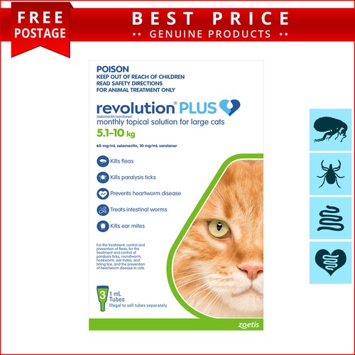 Revolution Plus for Cats All Sizes 3 Doses Flea Tick Heartworm Worms Control - Picture 5 of 5