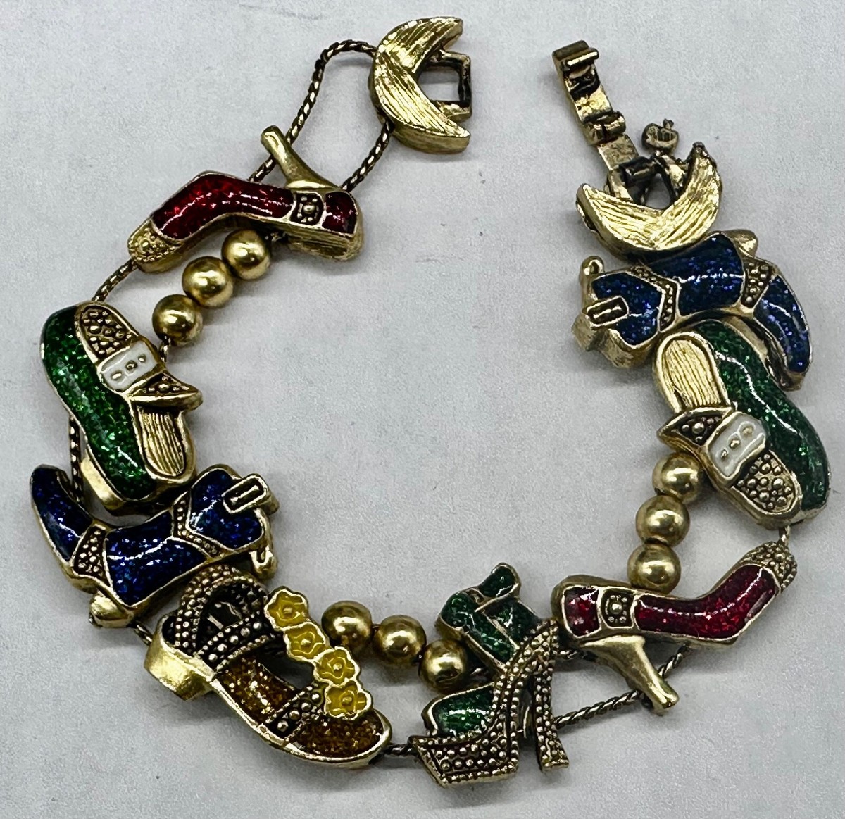 VINTAGE ESTATE GOLD TONE enamel sliding charm bead shoes boots sandals  BRACELET