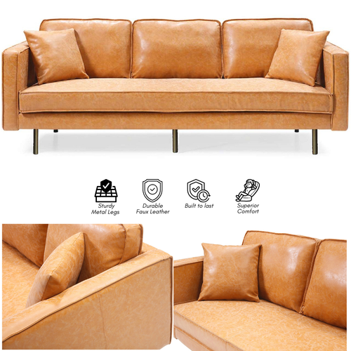 3 Seater Leather Sofa Brown Contemporary Living Room Home Furniture Priceworth - Picture 3 of 4