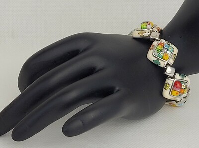 ALAN K. 925 Silver Millefiori Linked Bracelet Multicolor Murano Glass Art Flower