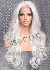 Human Hair Blend Full Lace Front Wig long Beach Wavy Light Grey 25.5" ws 60