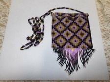 BEAUTIFUL BEADED PURSE SEED BEADS PURPLE/GOLD/SILVER/BLACK 4.5" X 4.5"