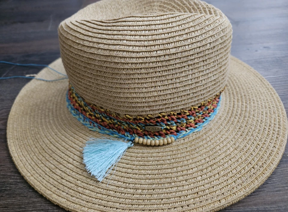Sombrero Safari Paja Multi Trenzado Natural Colección Scala Borla Playa Usado en Excelente Condición  Foto 2 de 4