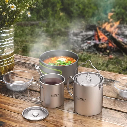 Lixada Titanium Cookware Set – 750ml Pot, 450ml Mug & Spork for Camping/Hiking