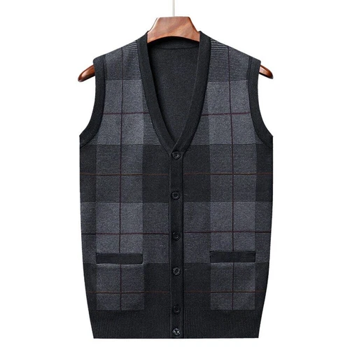 Men's Sleeveless V Neck Plaid Cardigan Sweater Vest with Knitted Waistcoat Tops - Picture 10 of 29