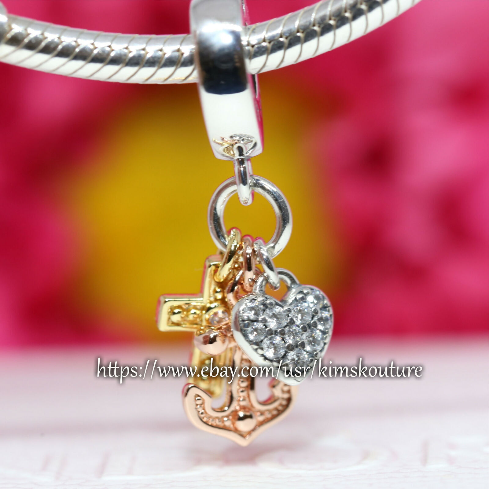Pandora Cross Heart Anchor Charm Triple Tone ALE S925 Sterling Silver ...