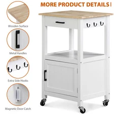 White Rolling Kitchen Island Cart on Wheels Side Table with Drawer & Side Hooks