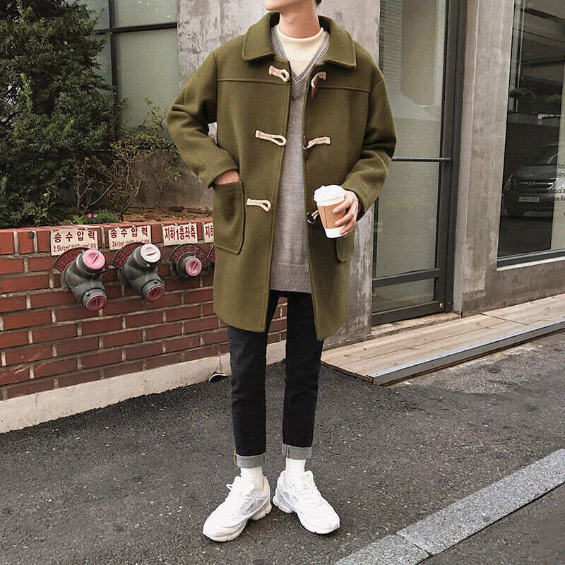 Mens Duffle Coat Retro Faux Woolen Overcoat Loose Korean Trench
