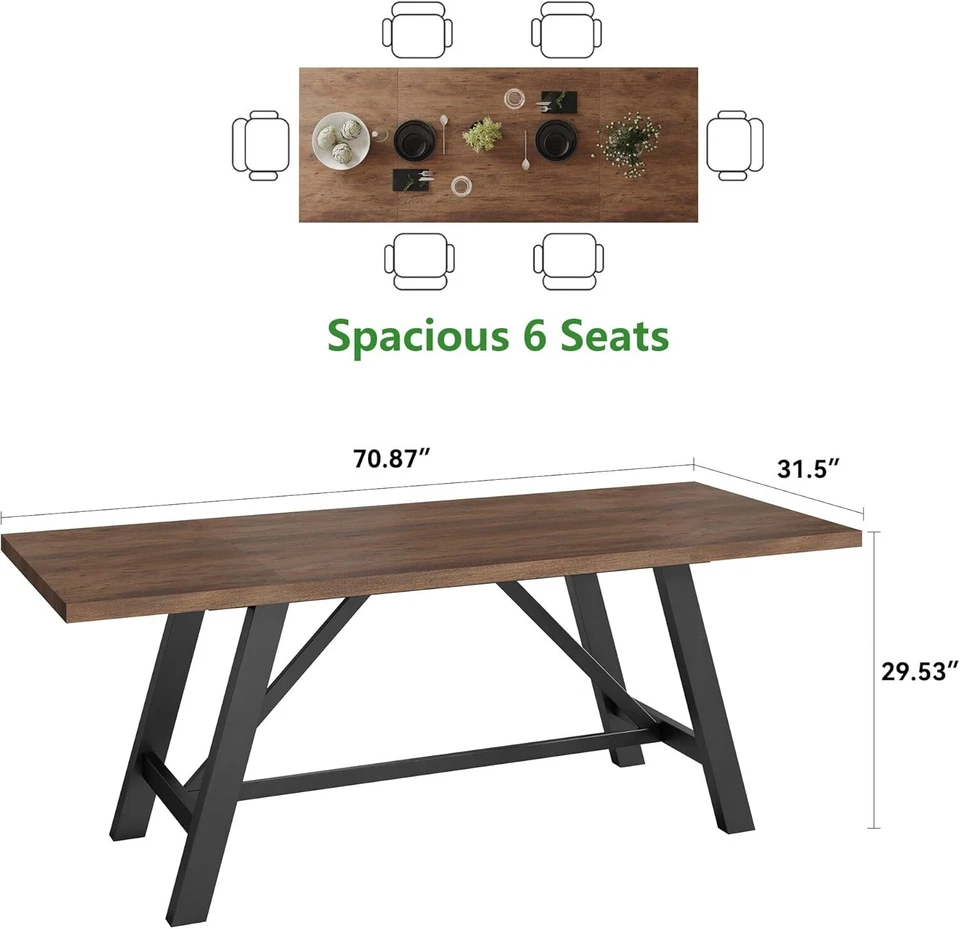 70.8" Large Rectangular Dining Table for 6 People Wood Breakfast Kitchen Table - Image 2 of 4