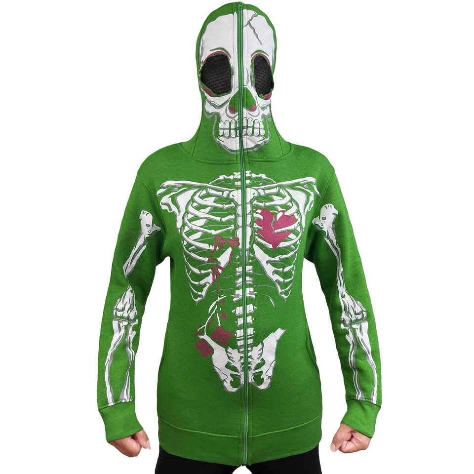 Women's Skeleton Zip Up Hoodie Full Face Mask Halloween Costume