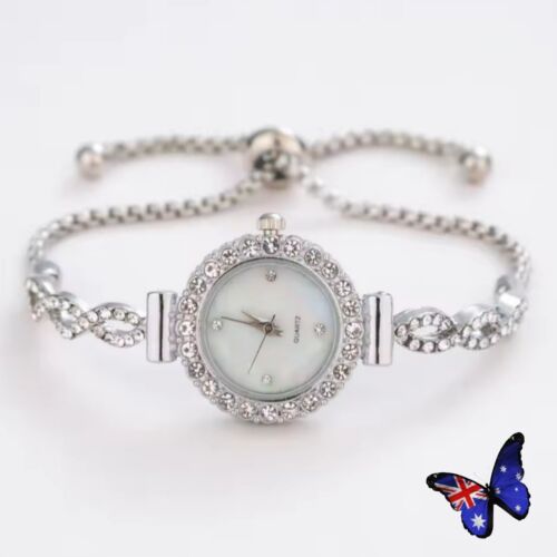 Womens Silver Wrist Watch Quartz Anolog Ladies Diamonte Bracelet Silver Chain
