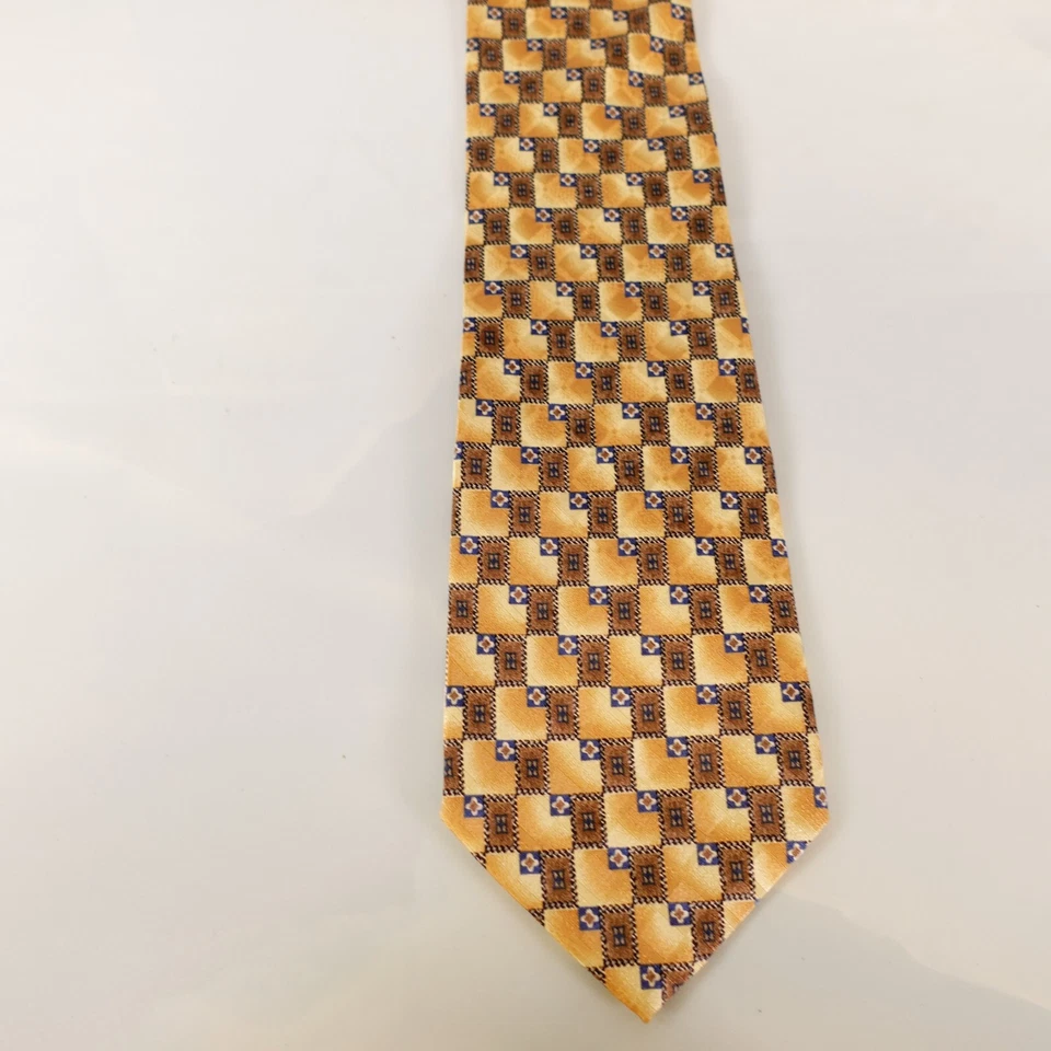 Corbata geométrica CLAIBORNE para hombre marrón índigo azul seda arte abstracto AMPLIA Foto 3 de 4