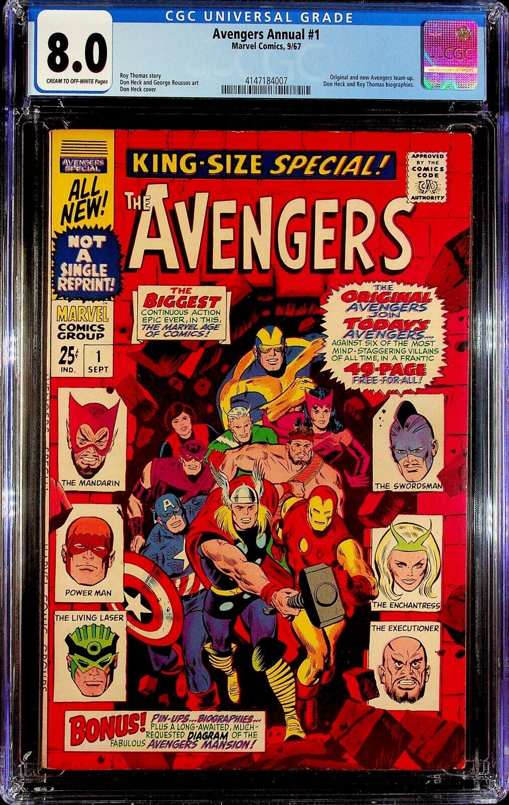 Avengers Annual #1 CGC 8.0. 1st Team Up of Original and New Avengers Marvel 1967