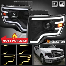 Black Fits 2009-2014 Ford F150 Projector Headlights Sequential LED Signal Tube