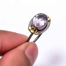 Natural Purple Amethyst - Black And Gold Plated 925 Sterling Silver Ring s.8 R64