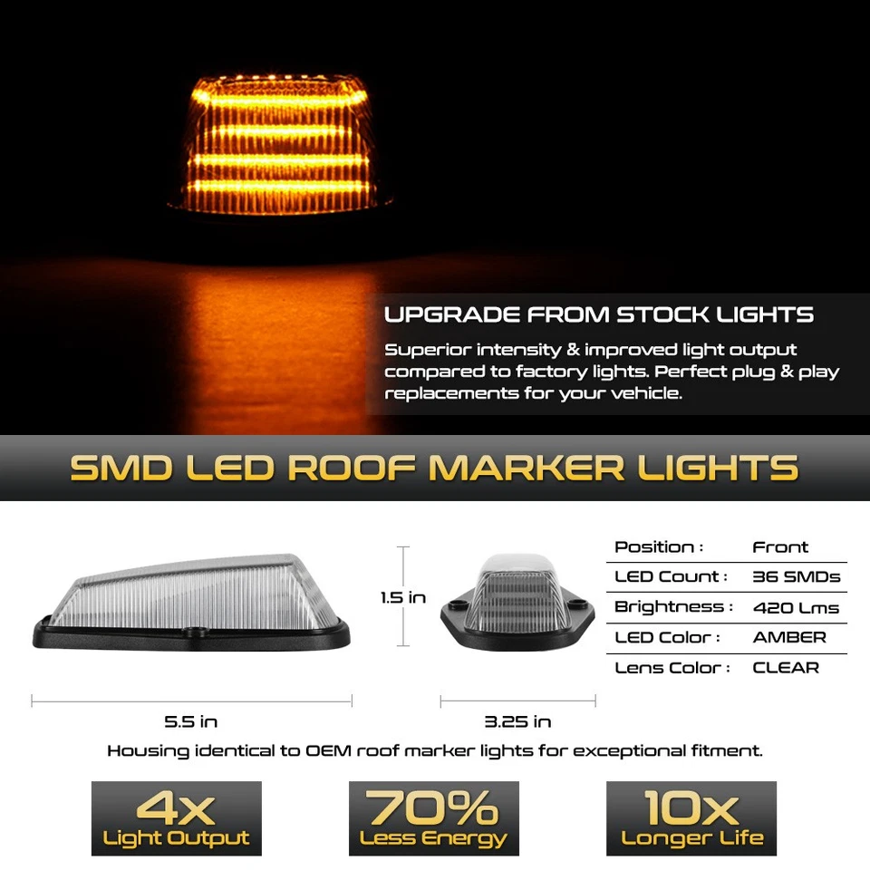 5PC Full LED Roof Cab Clearance Amber Light For 1984-1996 Ford F-150 F-250 F-350 - Изображение 2 из 4