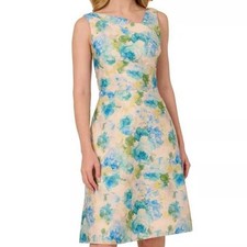Adrianna Papell Jacquard Asymmetric Neck Watercolor Floral Dress Womens 14 NWT