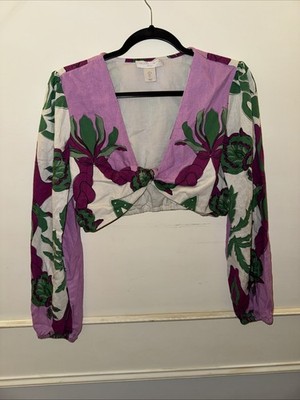 Caroline Constas Deep V Crop Blouse   Purple Green Floral Size L Balloon Sleeve