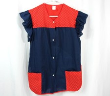 Vintage Pearl Snap Polka Dot Ruffle Trim Full Apron Art Craft Smock w Pockets
