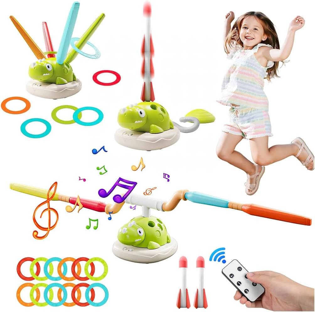3 in 1 Kids Toys with Musical Jump, Toss Ring Game Toys, Stomping Launch Rocket