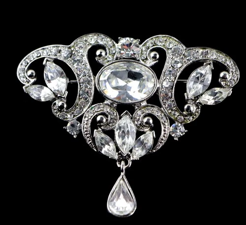 Eisenberg Ice Signed Vintage Silver Tone Crystal Glass Drop Statement Brooch