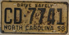1958 North Carolina license plate CD 7741