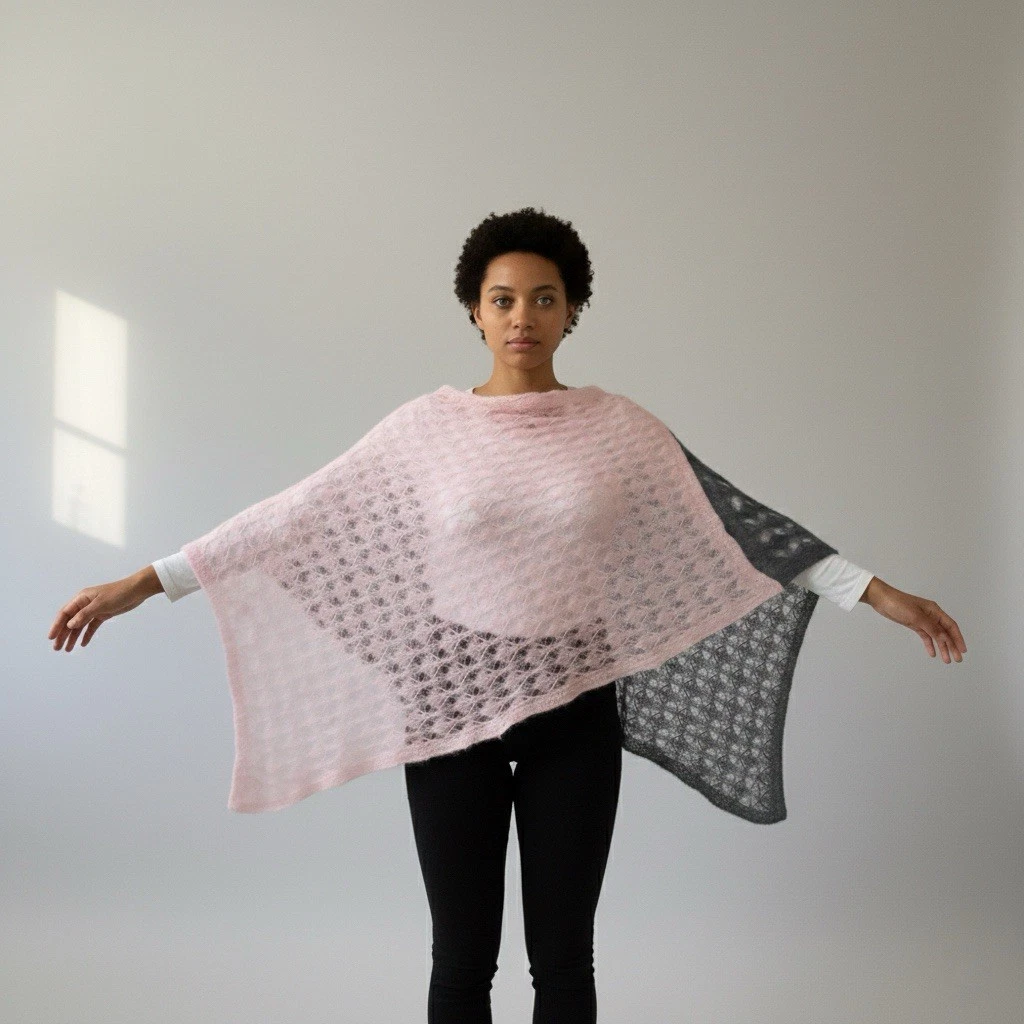 VTG 🌸 🇮🇹 Mohair Blend Colorblock Poncho: Hand-Knit in Blossom Charcoal