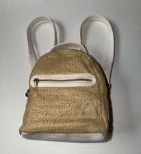 Beige/White Mini Backpack w/ Front Zip Pocket, Zip Closure, Adjustable Straps