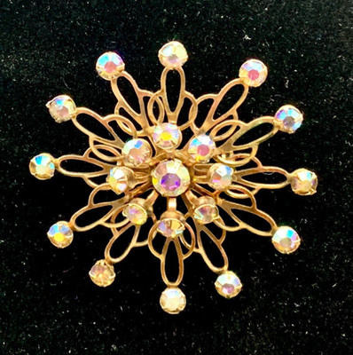 Starburst Gold Tone Brooch 1950s Aurora Borealis AB Rhinestone Atomic Pin Lg 2''