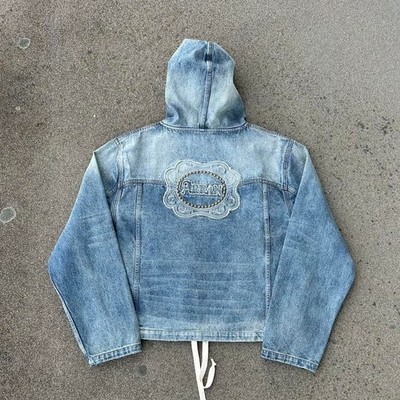 Arran Studios Denim Jean Hoodie Pullover Large Aged Embellish Design Light Wash