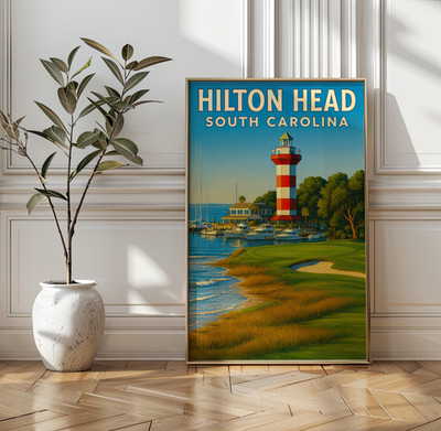 Hilton Head South Carolina Travel Poster   Harbour Town Lighthouse Wall Art