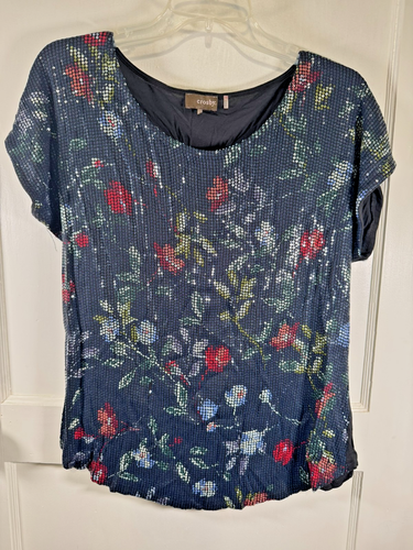 Sheer Fun Crosby Sequined Top, Navy Floral, Sheer Back, Fun, Size XL | eBay
