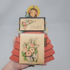 Vtg 1940s Lady Calendar & Notepad Kitchen Wall Hanging Floral Antique Ephemera